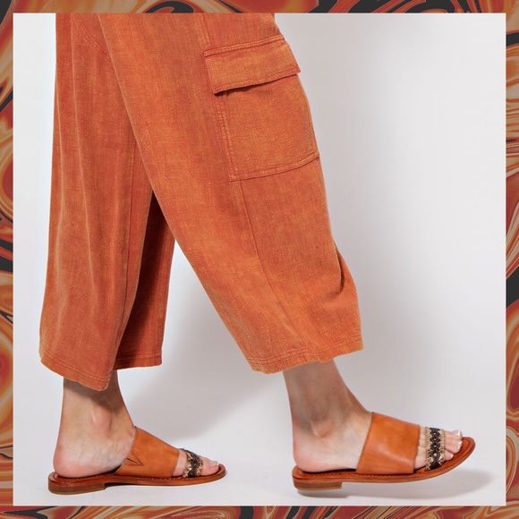 EASEL "Linen Lounge" Cotton Blend Mineral Washed Wide Leg Pants W/ Cargo Pockets - Picture 10 of 15